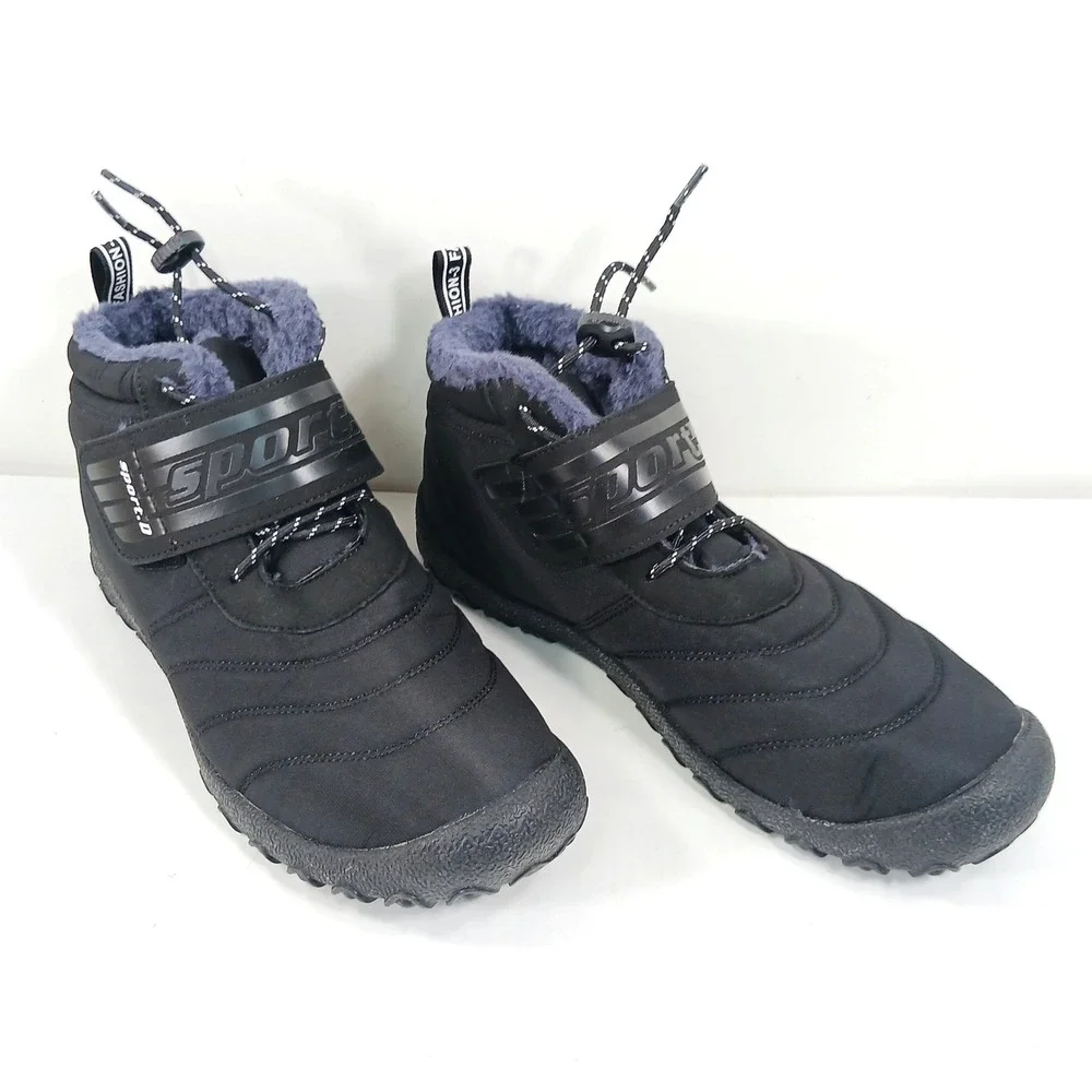 Sport Mens Black Faux Fur Lined Winter Snow Boots Quilted Bungee Strap Size 43